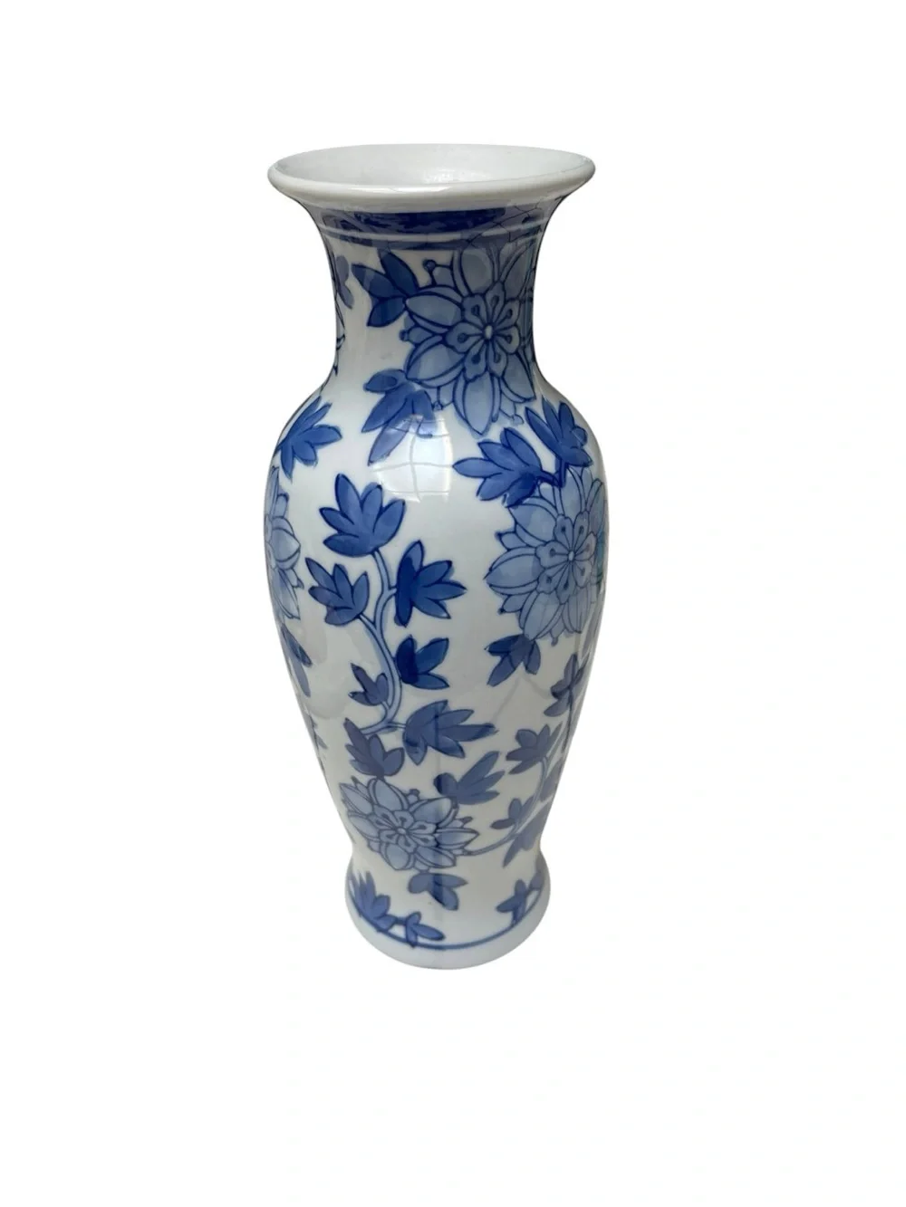 Vintage Blue White Porcelain Floral Vase Chinoiserie Bud Vase 10.5” Decor